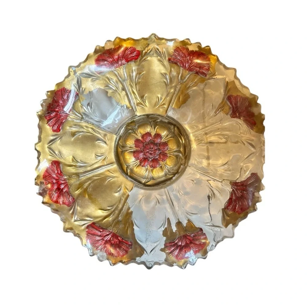 Antique Goofus Glass Bowl Red Carnation Gold Scalloped Intaglio Floral Dish MCM